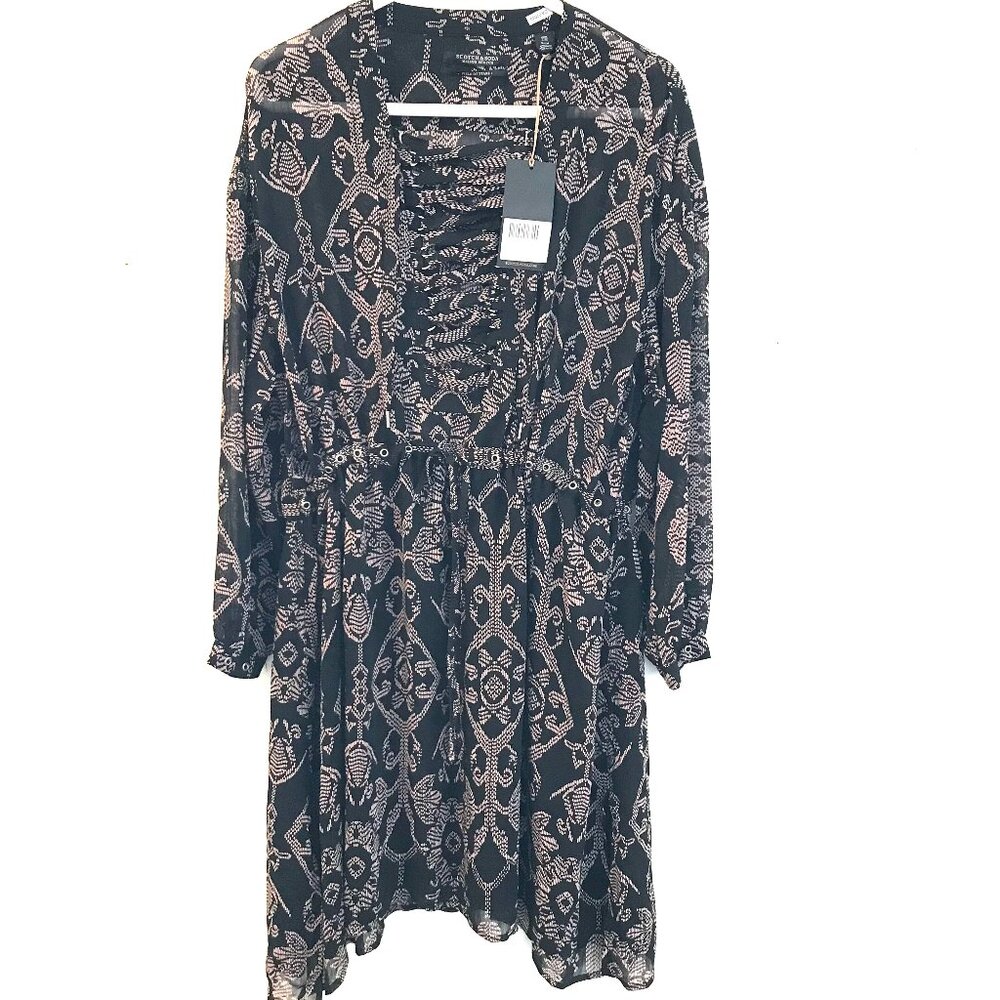 NWT Scotch and Soda mini dress women S/M black/tan laced asymmetric sheer west